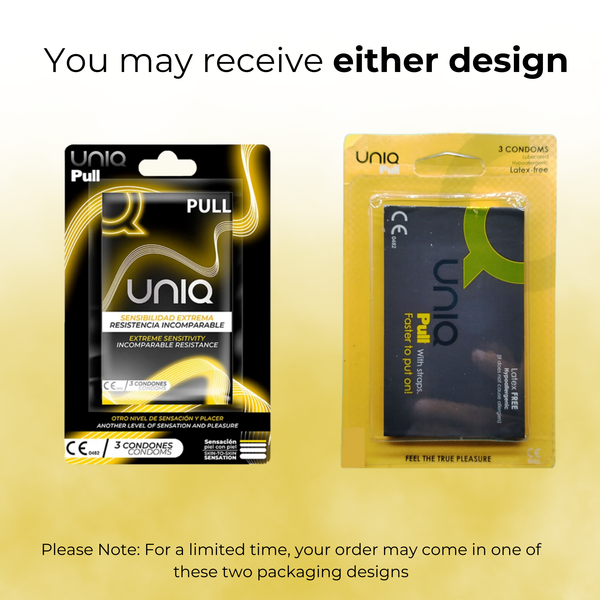 Uniq condoms packaging – you may receive either of the two designs, black or yellow pack, limited time packaging variation