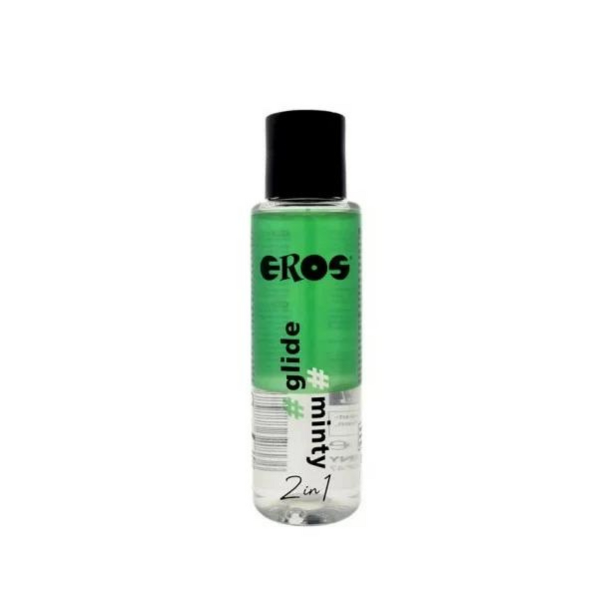 EROS Glide 2 in one Minty silicone-based lubricant in a white background. The product is in a bottle.