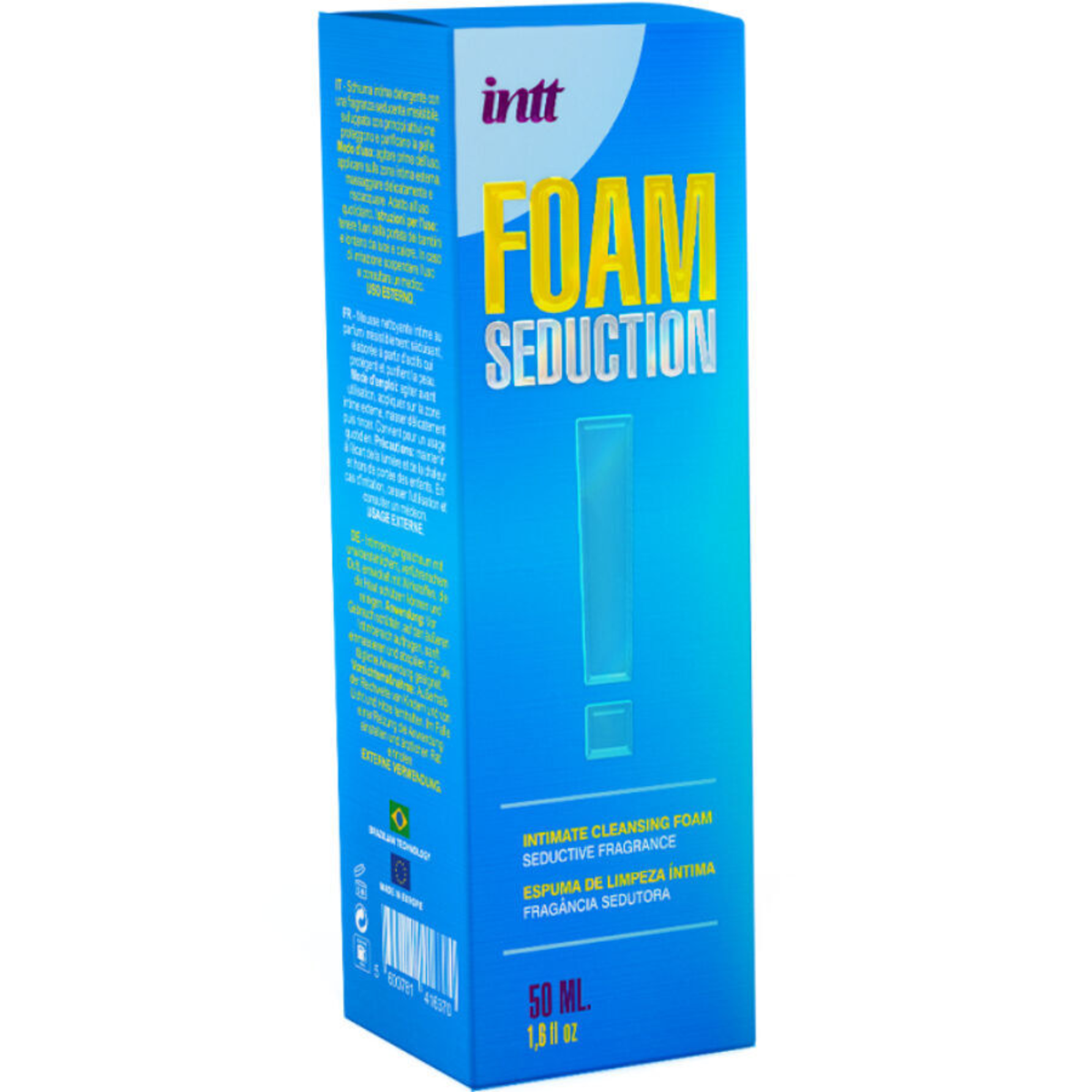 The blue retail box for intt Foam Seduction intimate cleansing foam, showing multilingual text and the 50 ML / 1.6 fl.oz volume."