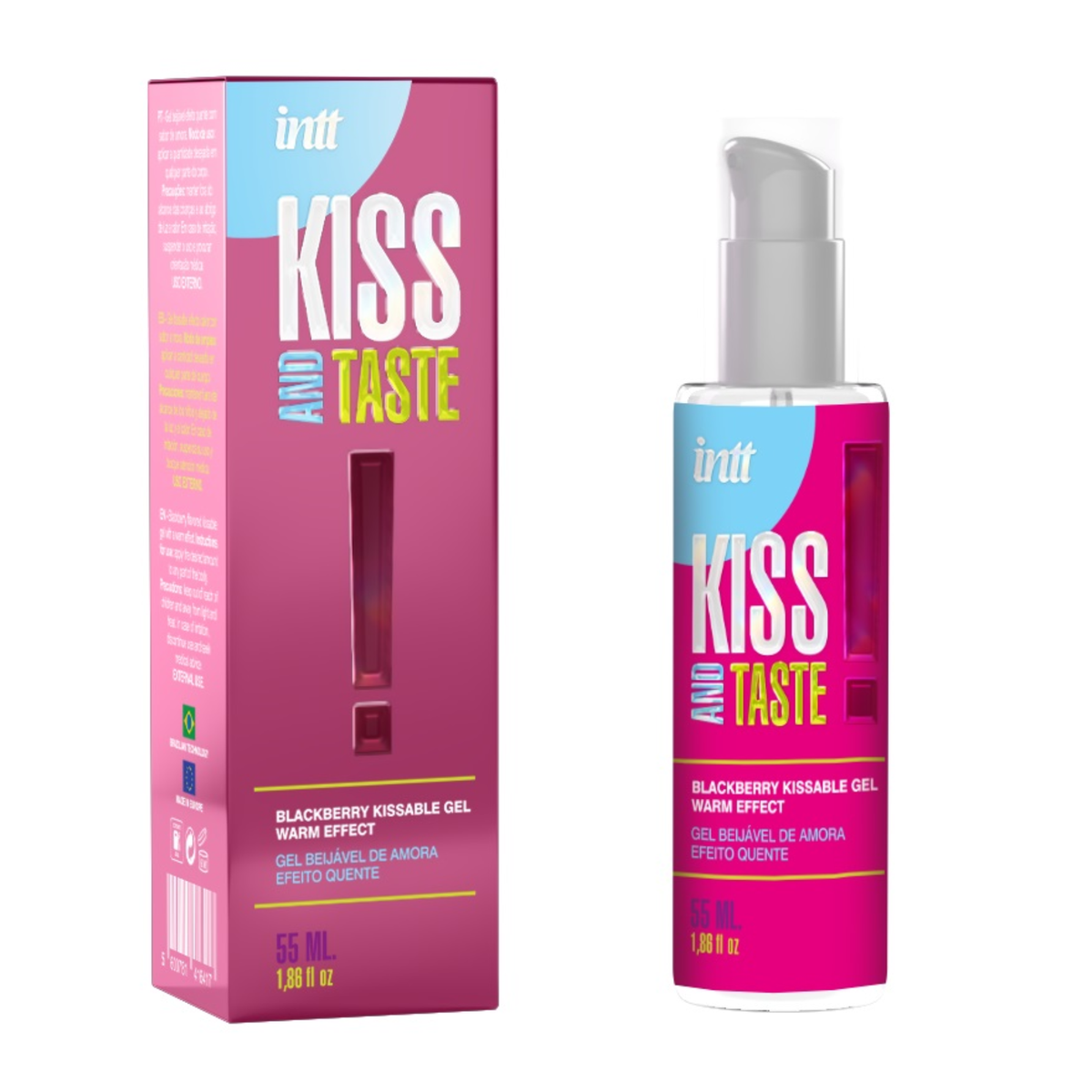 intt Kiss and Taste Blackberry Gel Warming box and product bottle, showing the "Kiss and Taste" logo.