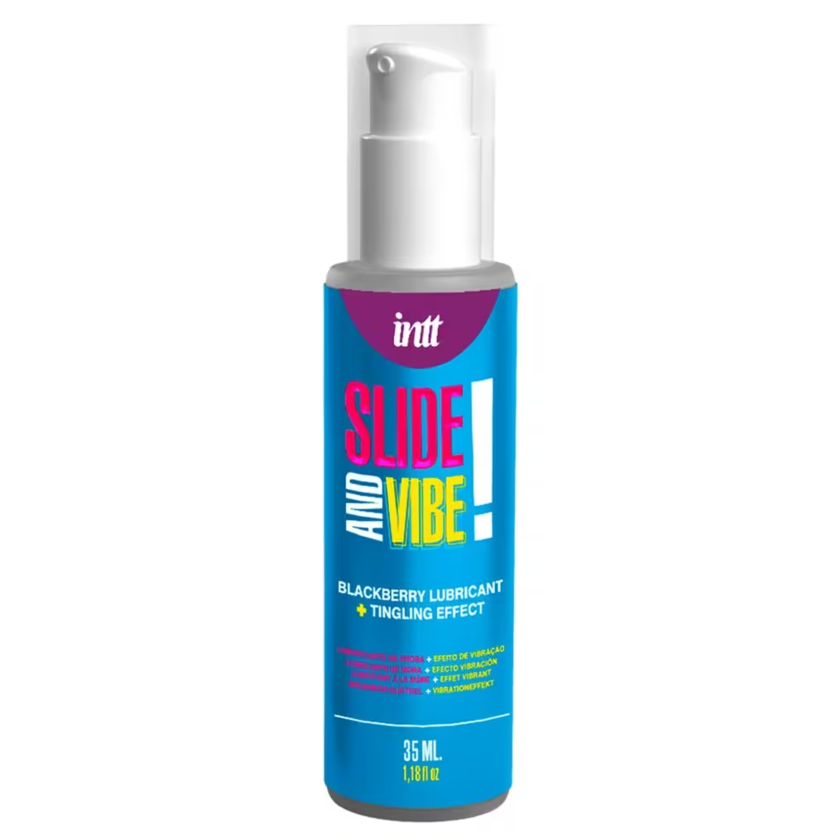 Product shot of the Intt Slide and Vibe Blackberry Lubricant + Tingling Effect pump bottle (35 ML / 1.18 fl.oz).