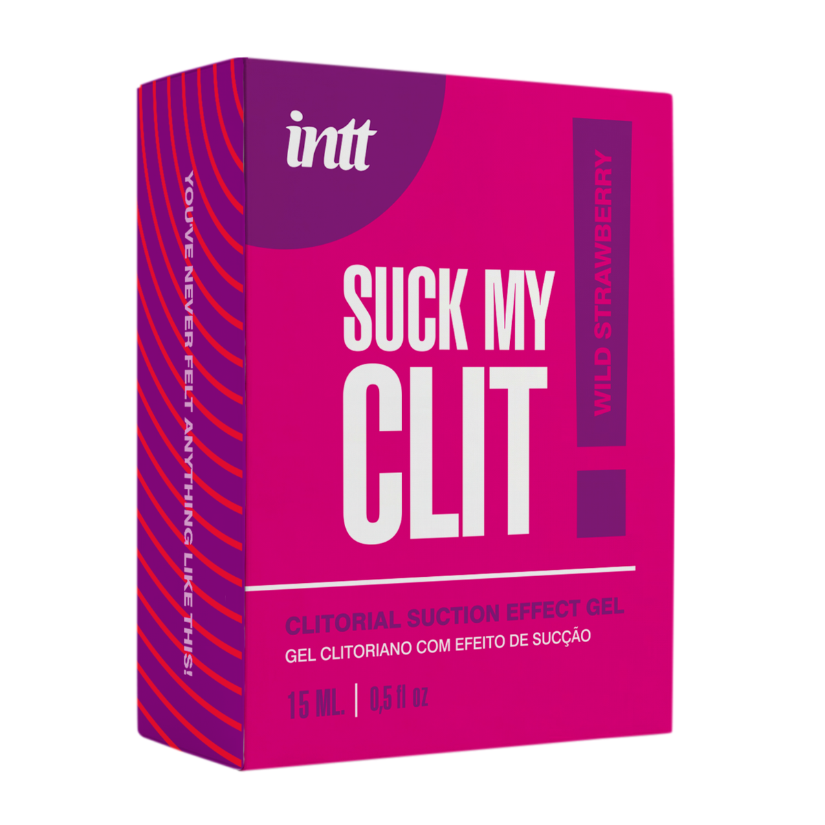 A close-up shot of a hot pink and purple product box for "Intt Suck My Clit" clitoral suction effect gel. The box features bold white lettering and indicates a "Wild Strawberry" flavor and a volume of 15 ml. Imagen principal del producto