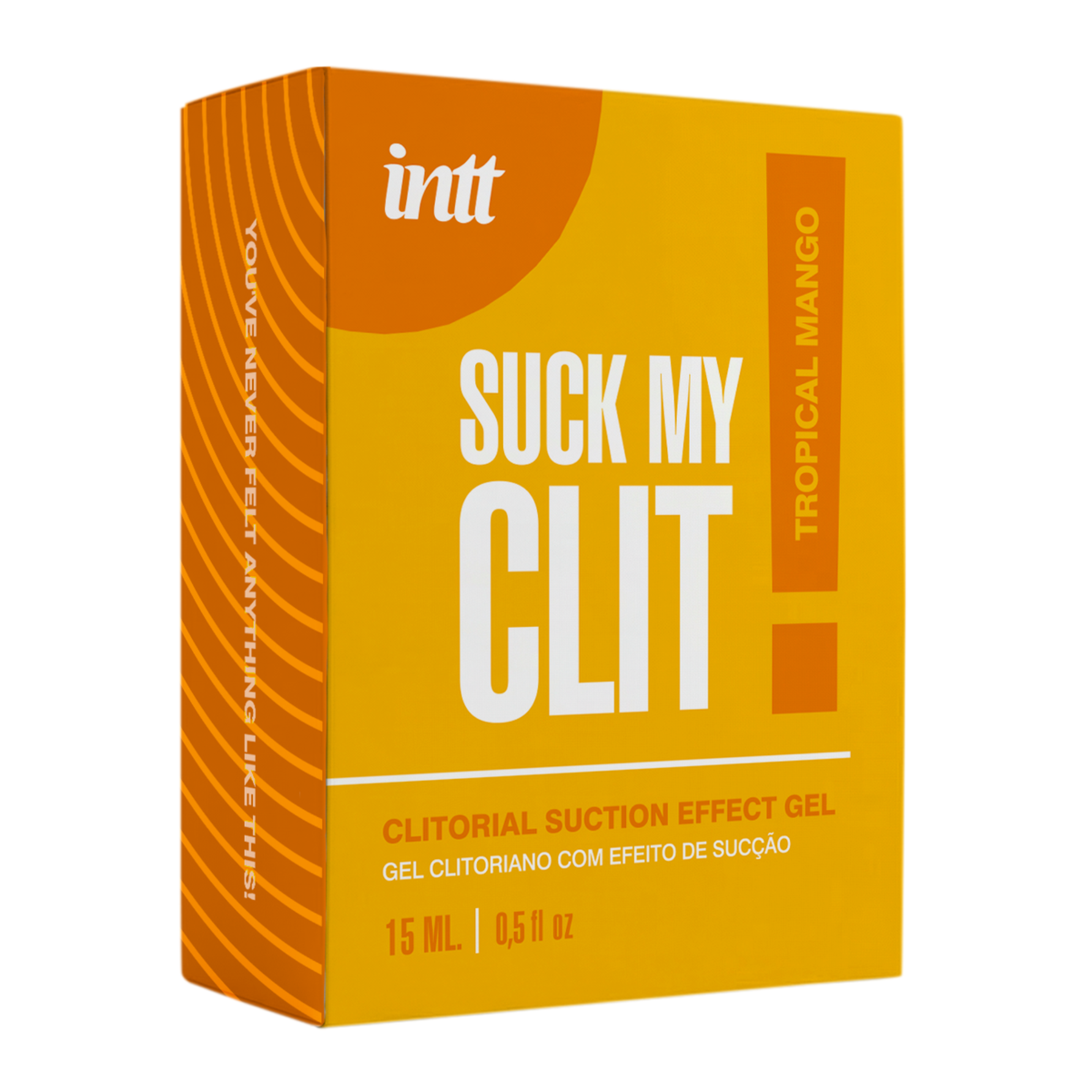 A close-up shot of an orange and yellow product box for "Intt Suck My Clit" clitorial suction effect gel. The box features bold white lettering and indicates a "Tropical Mango" flavor and a volume of 15 ml. Imagen principal del producto