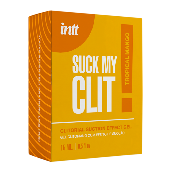 A close-up shot of an orange and yellow product box for "Intt Suck My Clit" clitorial suction effect gel. The box features bold white lettering and indicates a "Tropical Mango" flavor and a volume of 15 ml.