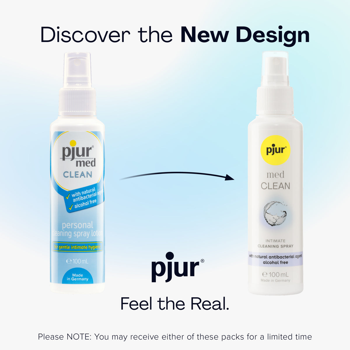 Two white spray bottles of pjur med CLEAN are shown side-by-side, illustrating a design change with an arrow pointing from the older design on the left to the newer design on the right. 