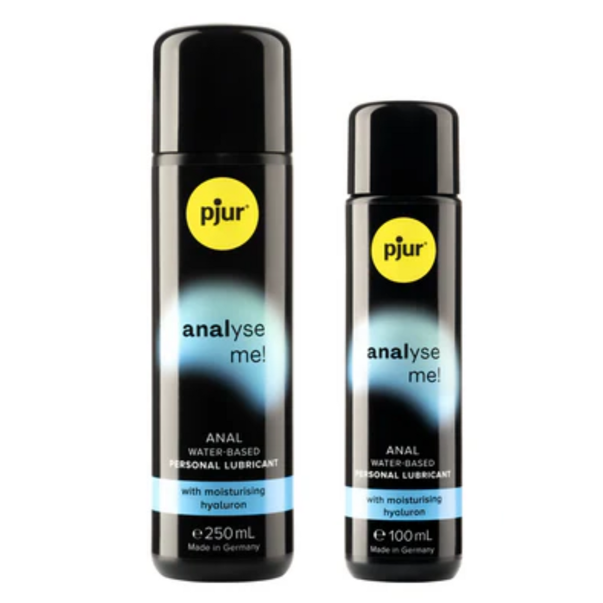 A black bottles of pjur analyse me! anal water-based personal lubricants with a yellow logo and teal accents on a white background. Imagen principal del producto