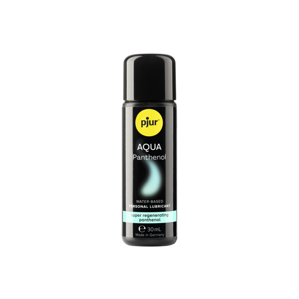 A small, black bottle of pjur AQUA Panthenol water-based personal lubricant 30ml is isolated against a white background.