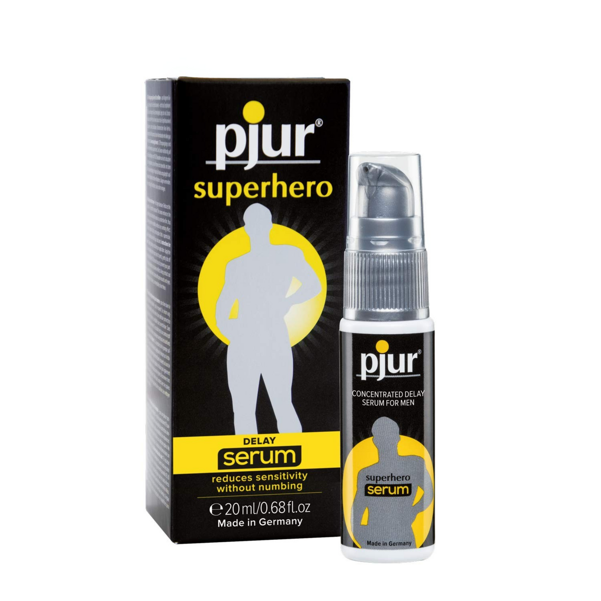 A black box and clear pump bottle of Pjur Superhero Delay Serum are shown against a white background. Imagen principal del producto