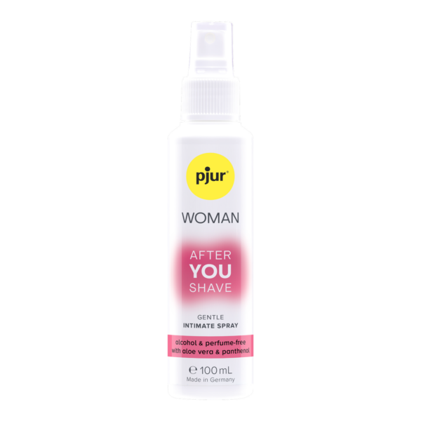 A white bottle of Pjur Woman After you shave spray with a yellow logo.