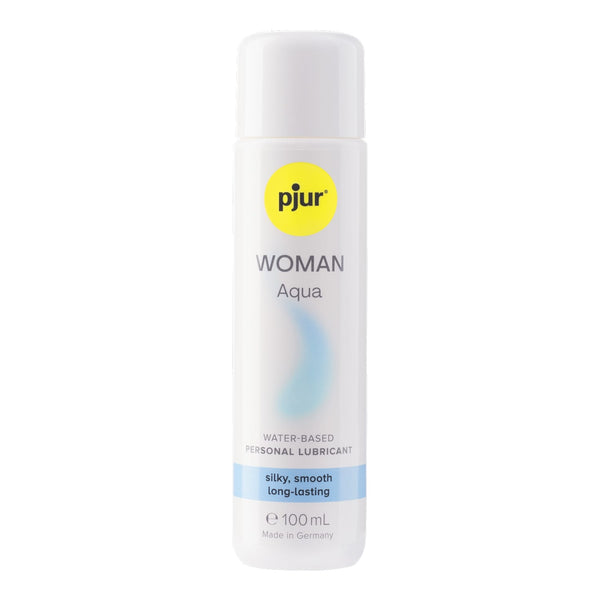 A white bottle of Pjur Woman Aqua lubricant is shown on a white background.