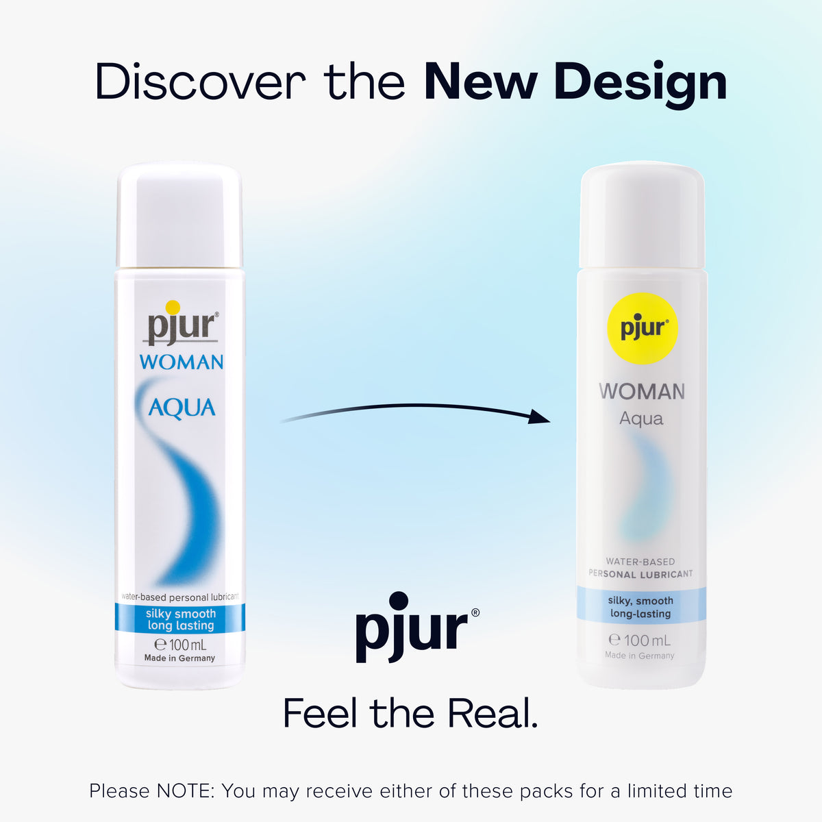 An advertisement titled "Discover the New Design" showcases the older and newer packaging for Pjur Woman Aqua.