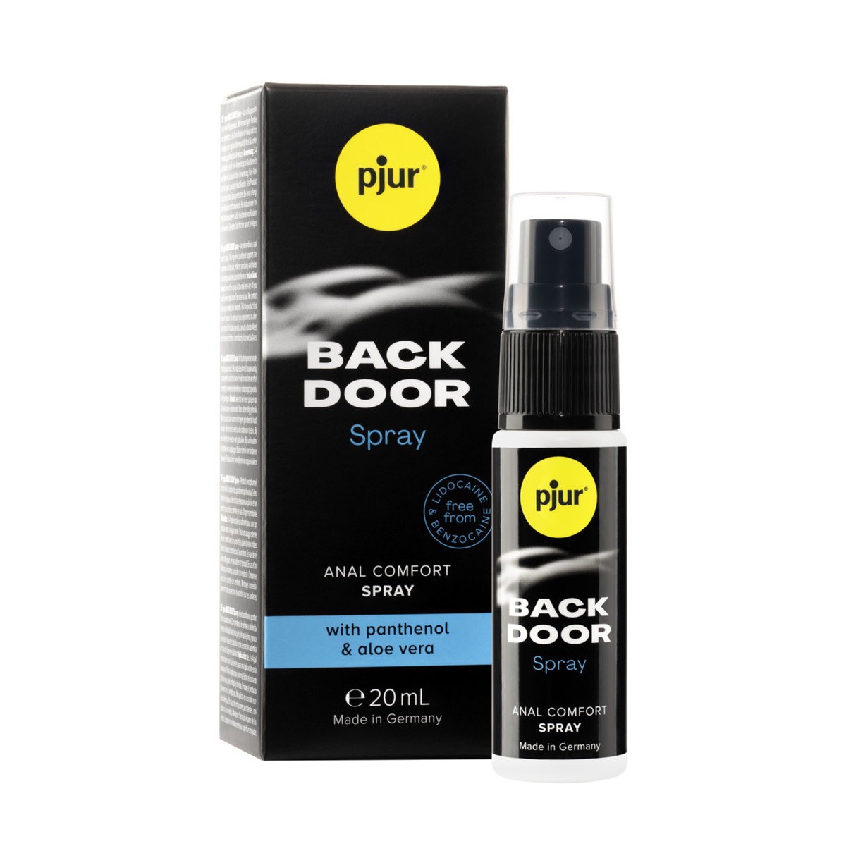 A black box and spray bottle of Pjur Back Door Spray are isolated on a white background. Imagen principal del producto