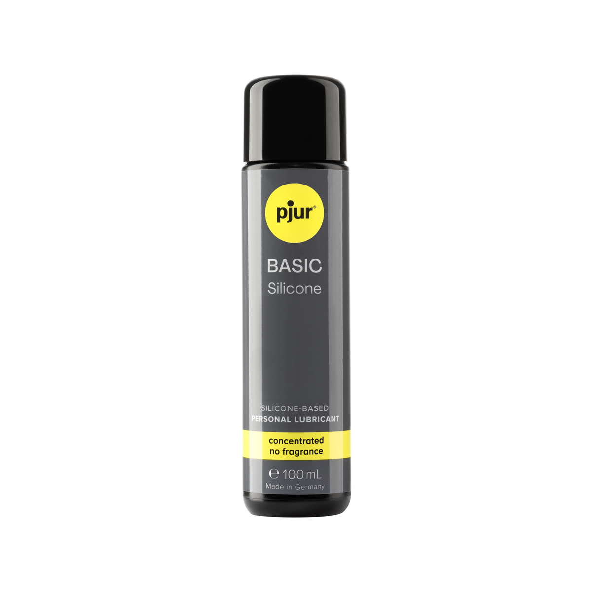 A gray bottle of Pjur Basic Silicone lubricant is isolated on a white background. Imagen principal del producto