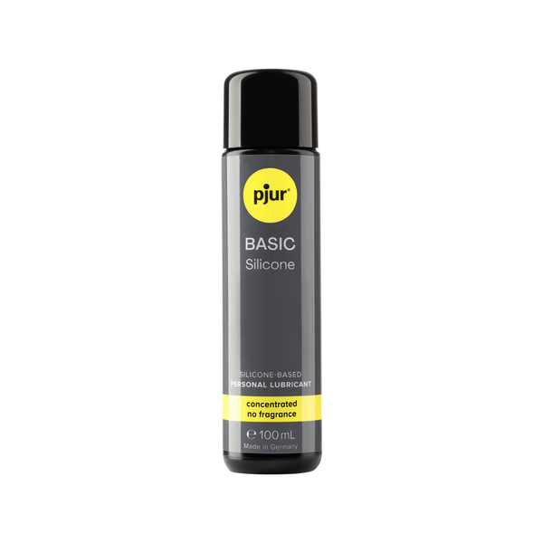 A gray bottle of Pjur Basic Silicone lubricant is isolated on a white background.