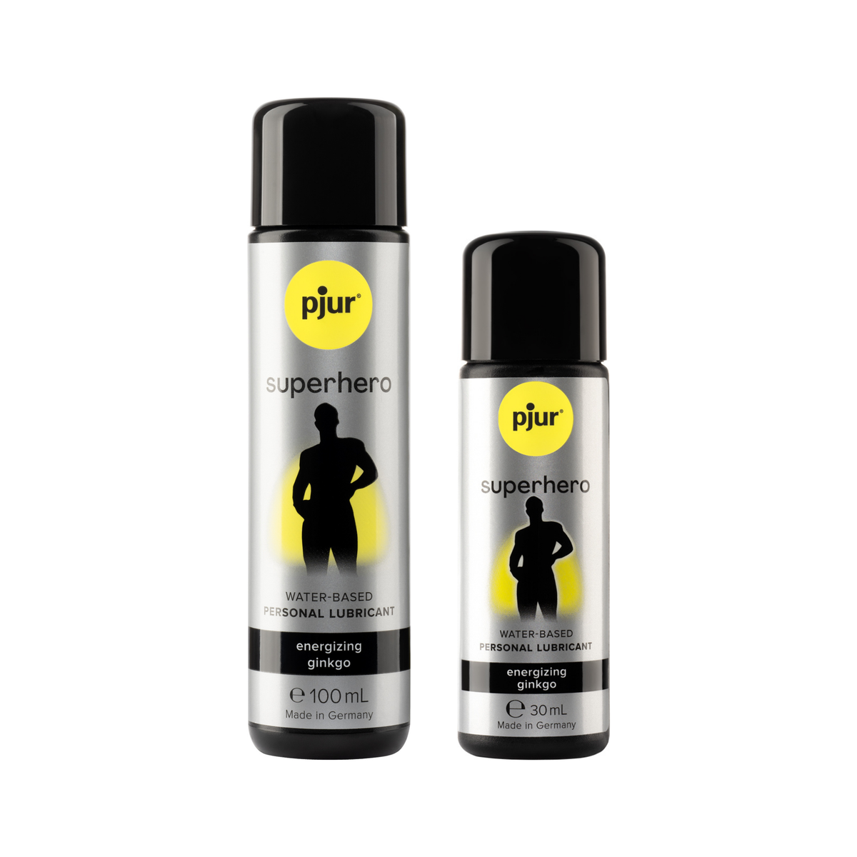 Two gray bottles of Pjur Superhero Energizing lubricant in different sizes are shown on a white background. Imagen principal del producto