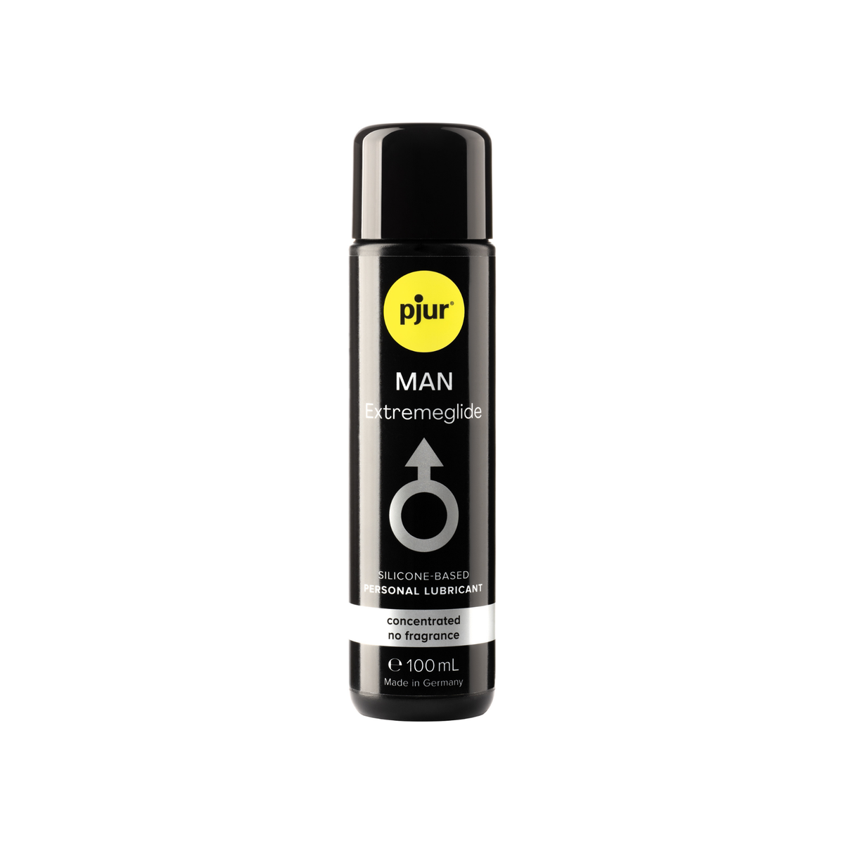 A black bottle of Pjur Man Extremeglide 100ml lubricant is shown on a white background.