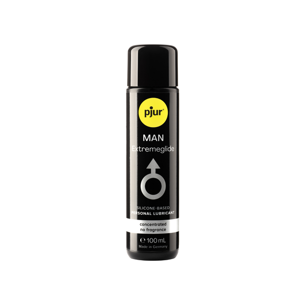 A black bottle of Pjur Man Extremeglide 100ml lubricant is shown on a white background.