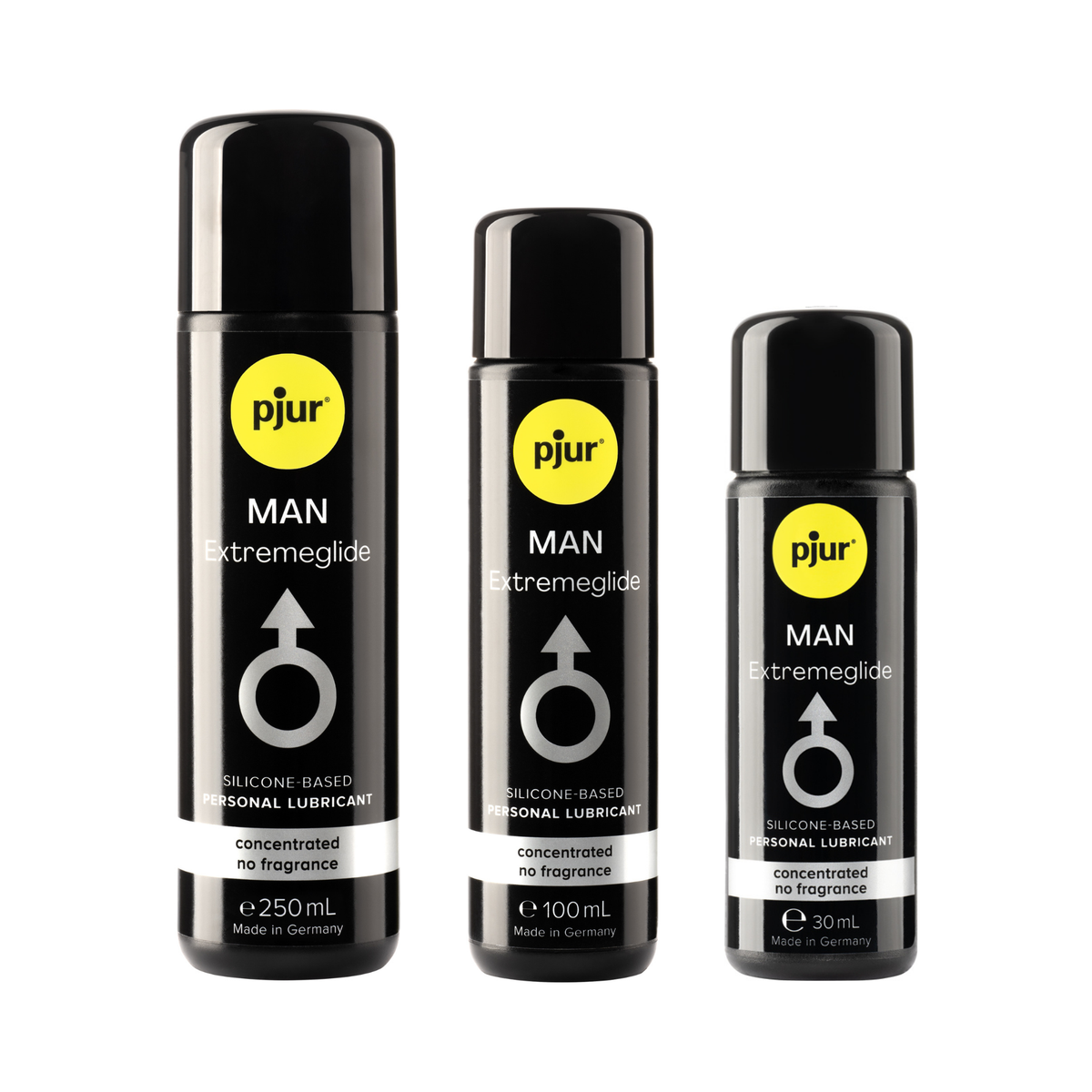 A black bottles of Pjur Man Extremeglide lubricants is shown on a white background. Imagen principal del producto