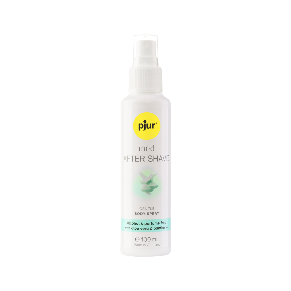A white bottle of pjur MED After Shave spray on a white background.