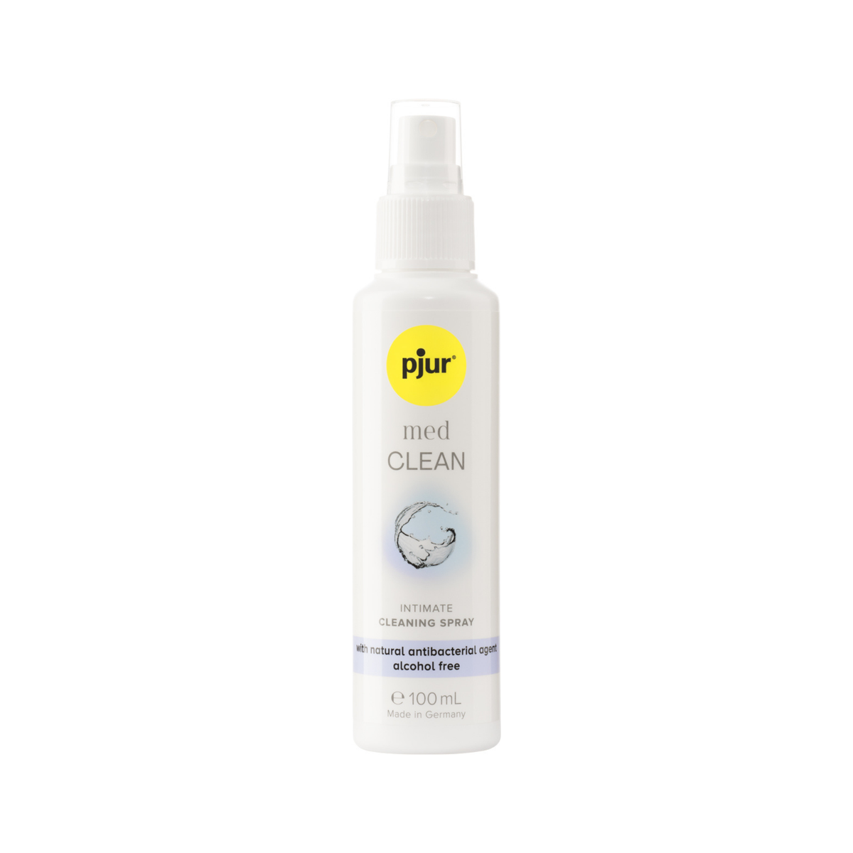 A white spray bottle of pjur med CLEAN intimate cleaning spray with a yellow logo and light blue accents on a white background. Imagen principal del producto