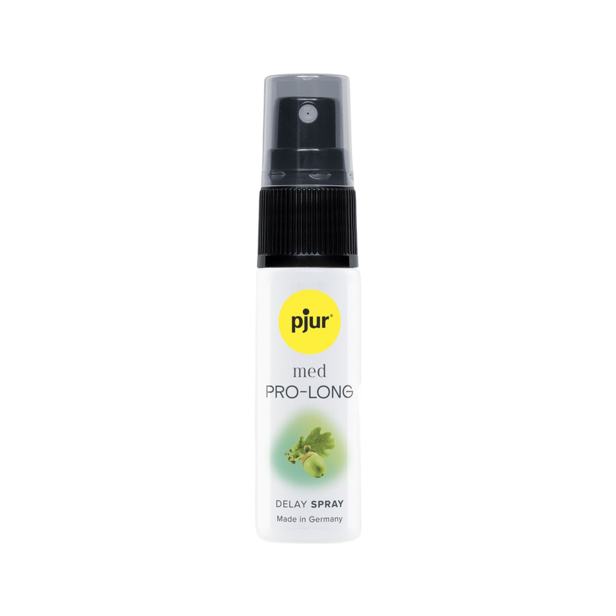 A small white spray bottle of pjur med PRO-LONG delay spray with a yellow logo and green accents on a white background. Imagen principal del producto