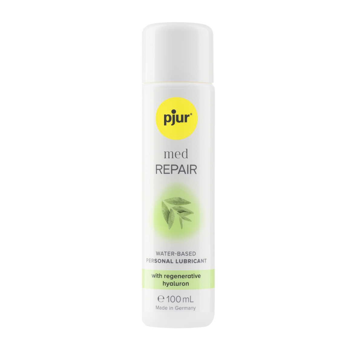 A white bottle of pjur med REPAIR water-based personal lubricant with a yellow logo and light green accents on a white background. Imagen principal del producto