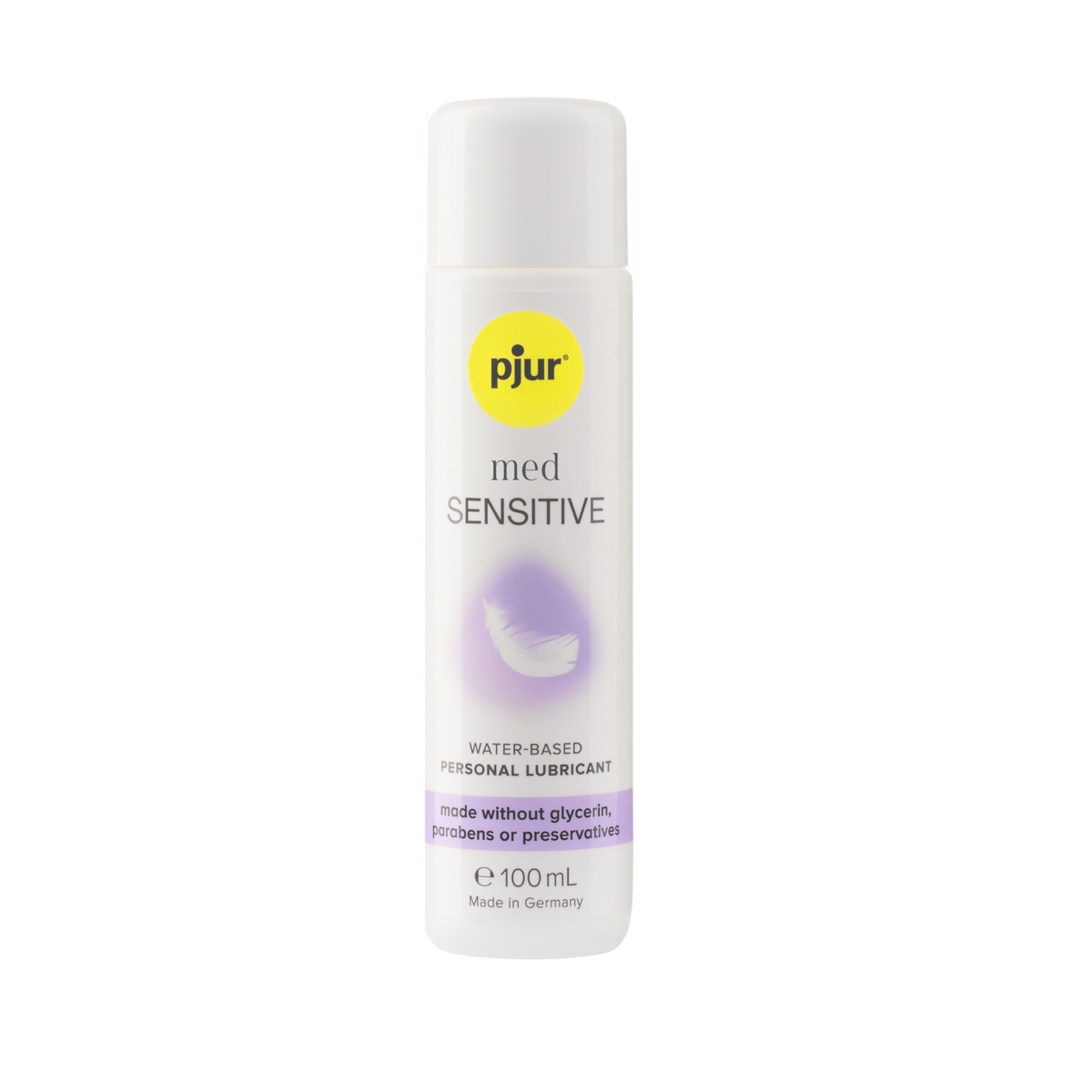 A white bottle of pjur med SENSITIVE water-based personal lubricant with a yellow logo and light purple accents on a white background. Imagen principal del producto