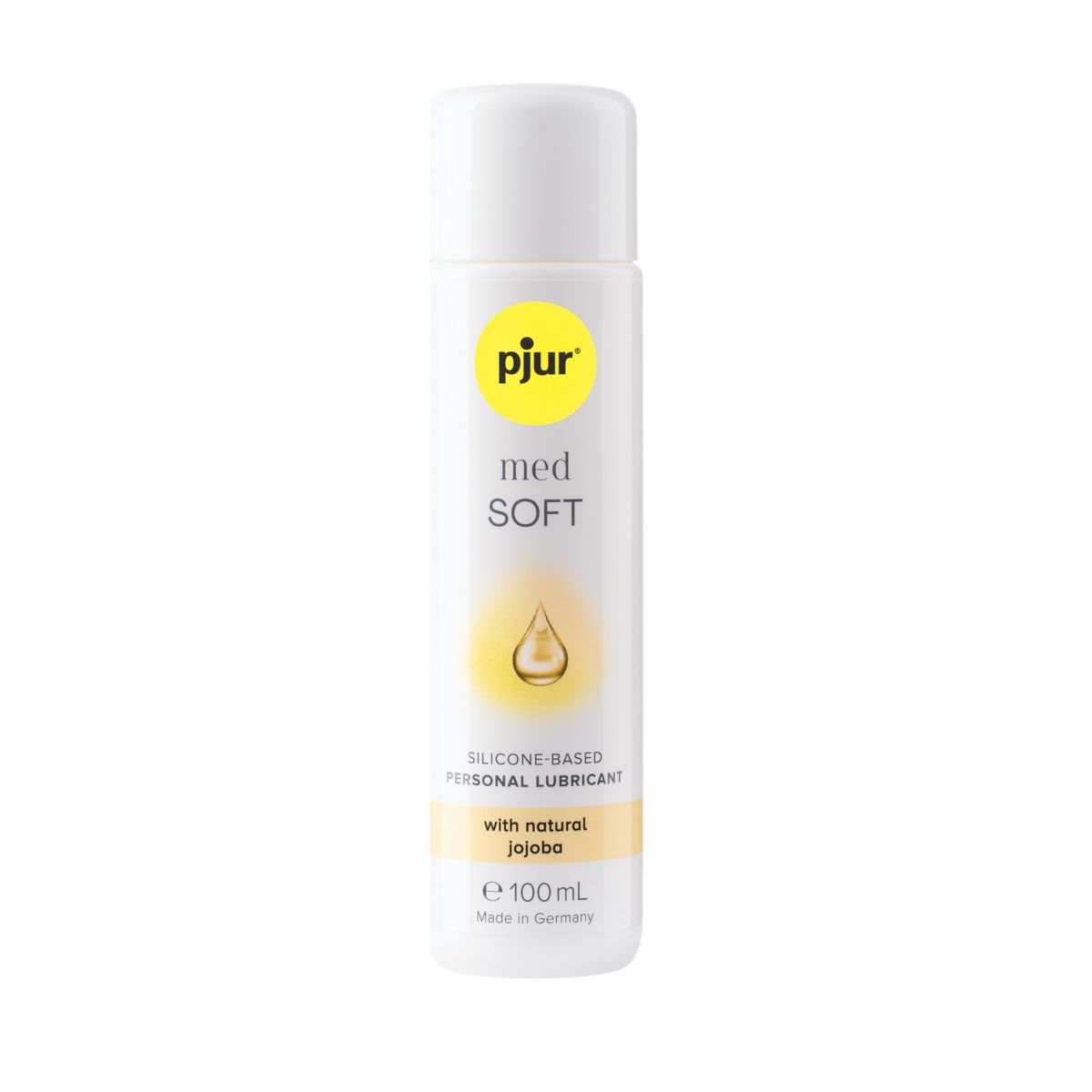 A white bottle of pjur med SOFT water-based personal lubricant with a yellow logo and light orange accents on a white background. Imagen principal del producto