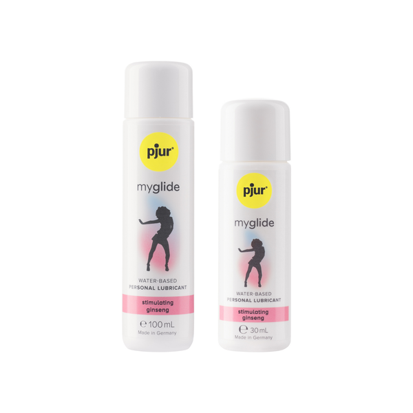 Two white bottles of Pjur Myglide lubricant in different sizes are displayed on a white background.