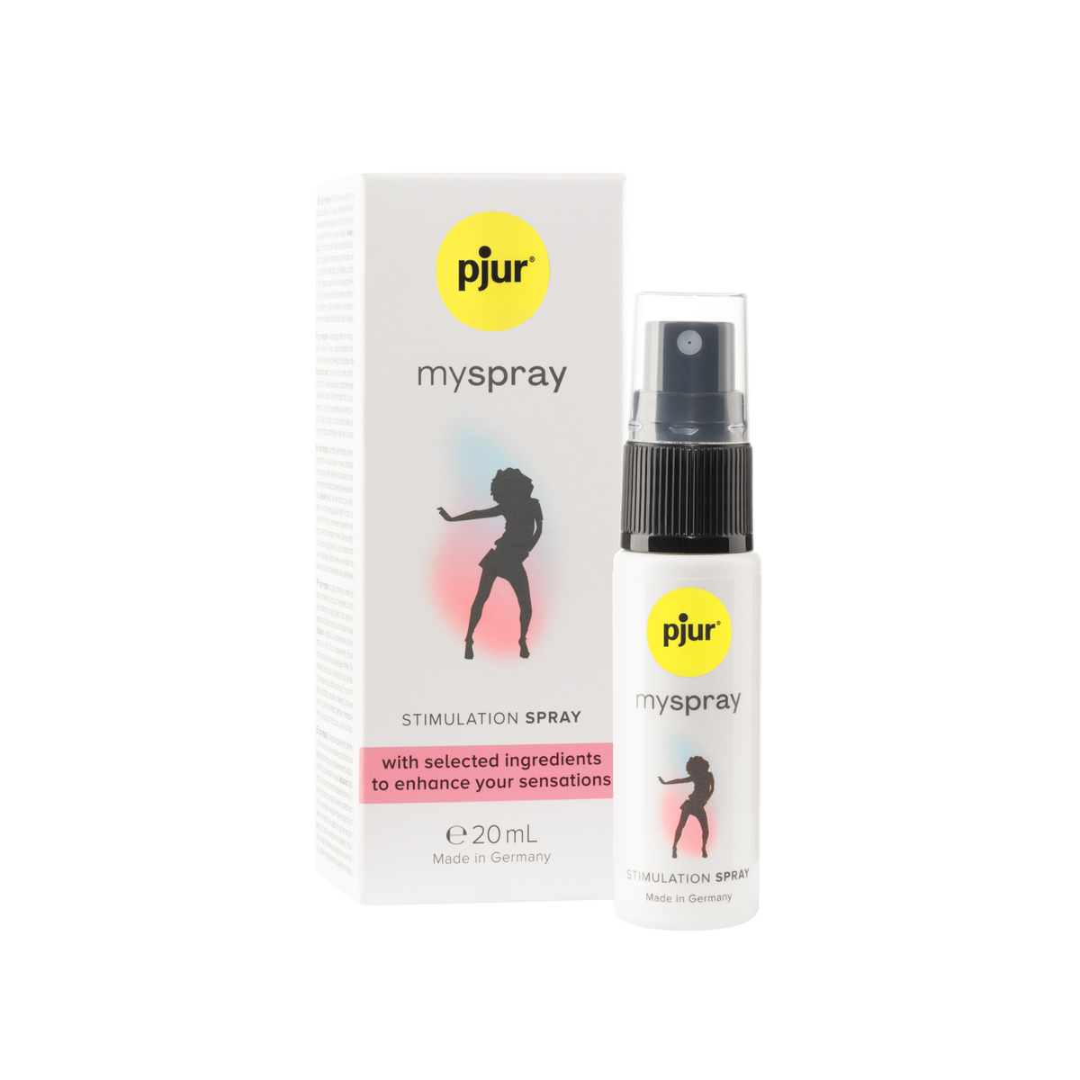 A white box and spray bottle of Pjur Myspray are shown against a white background. Imagen principal del producto