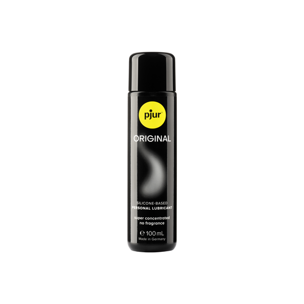 A black bottle of Pjur Original 100ml lubricant is centered on a white background.