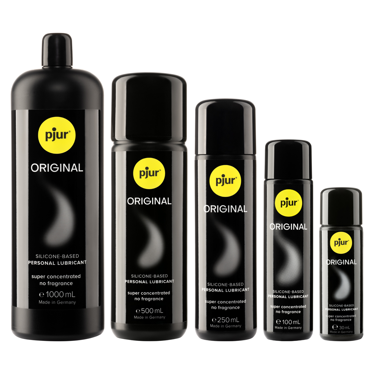 Five black bottles of Pjur Original lubricant in varying sizes are arranged on a white background. Imagen principal del producto
