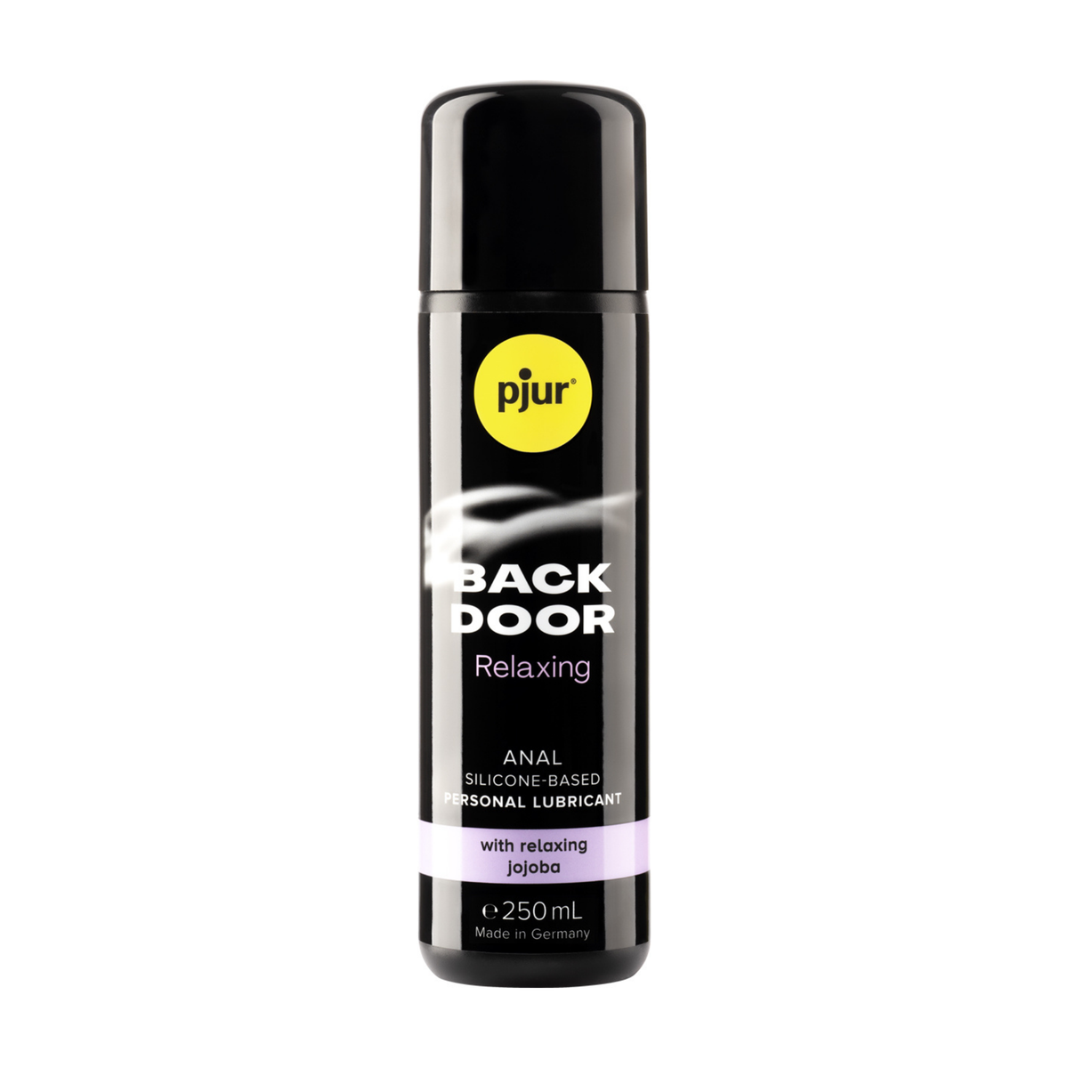A single black bottle of Pjur Back Door 250ml personal lubricant is centered against a white background. The bottle has a yellow circular "pjur" logo at the top left.