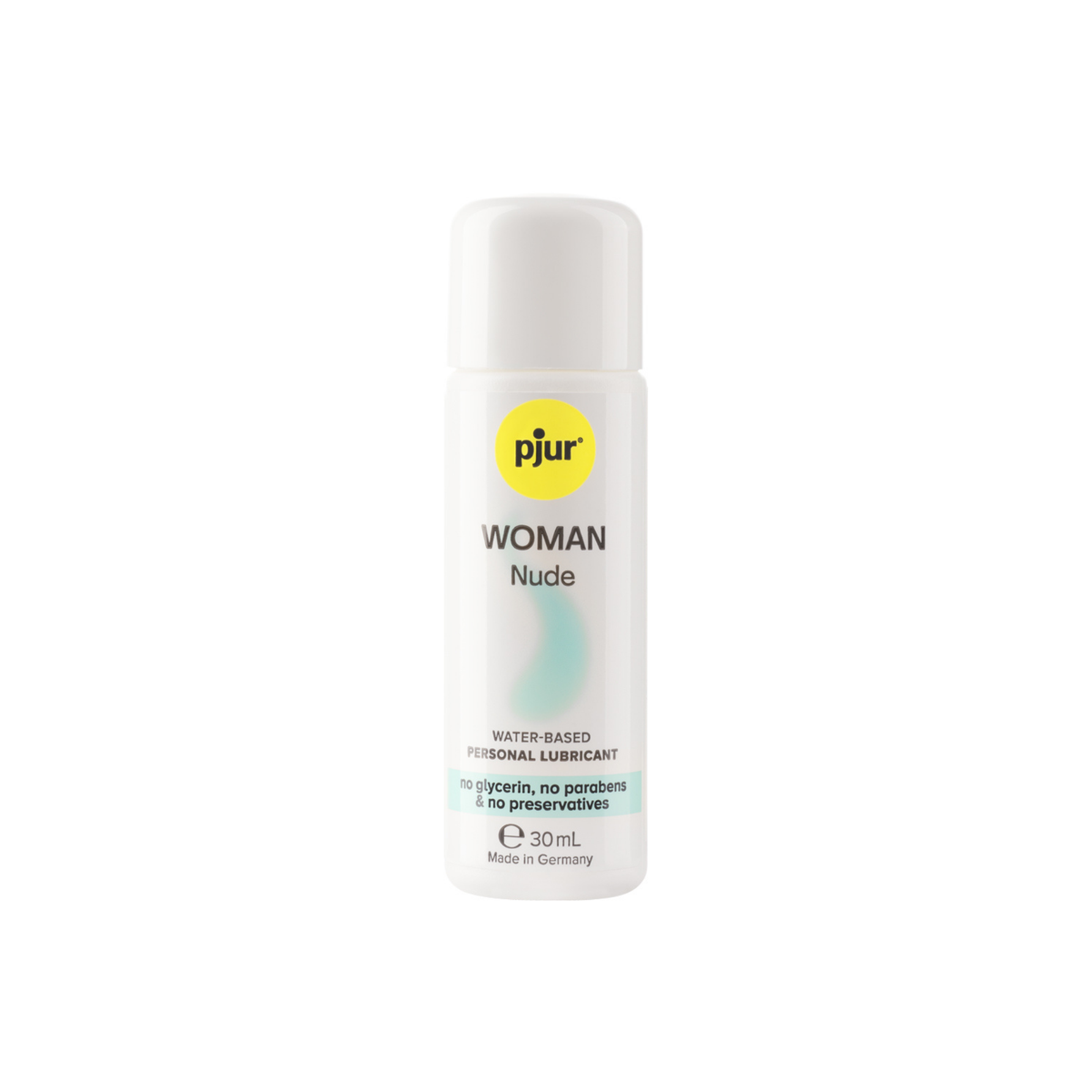 A white bottle of pjur WOMAN Nude 30ml water-based personal lubricant with a yellow logo and teal accents on a white background.
