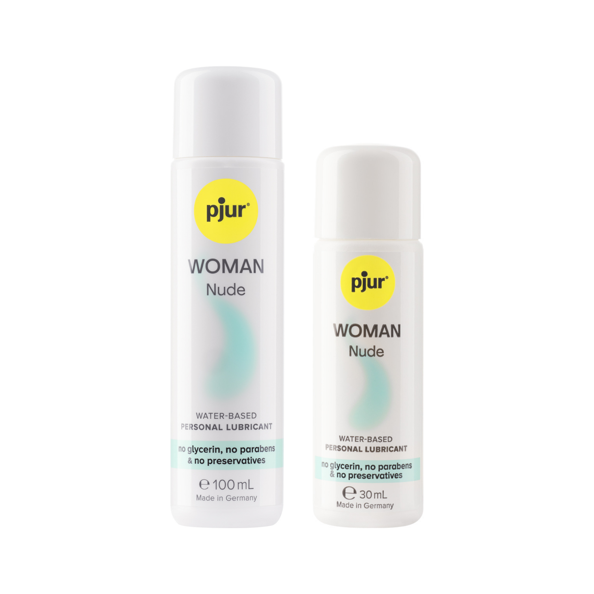 A two white bottles of pjur WOMAN Nude water-based personal lubricants with a yellow logo and teal accents on a white background. Imagen principal del producto