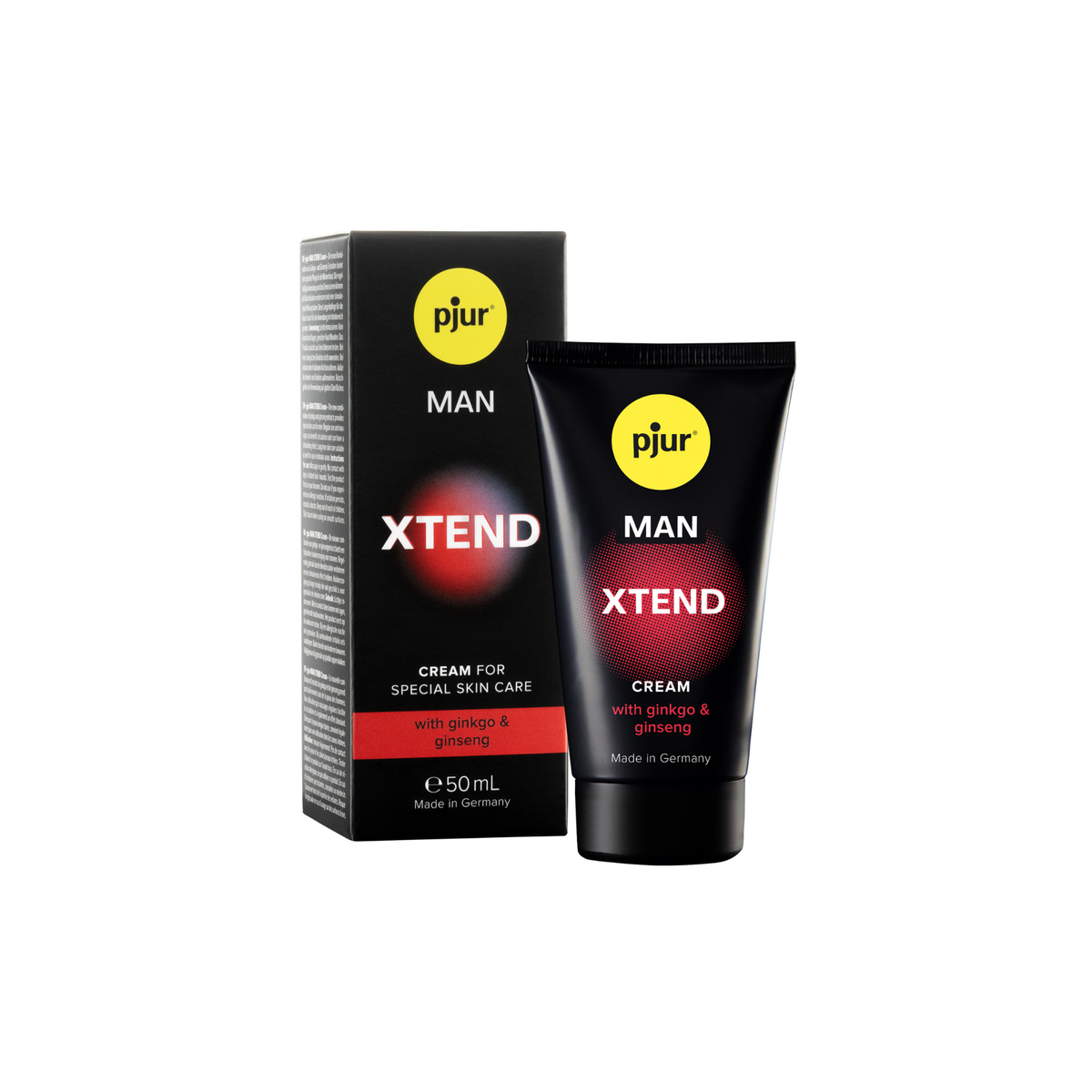 A black box and tube of Pjur Man Xtend cream are shown against a white background. Imagen principal del producto