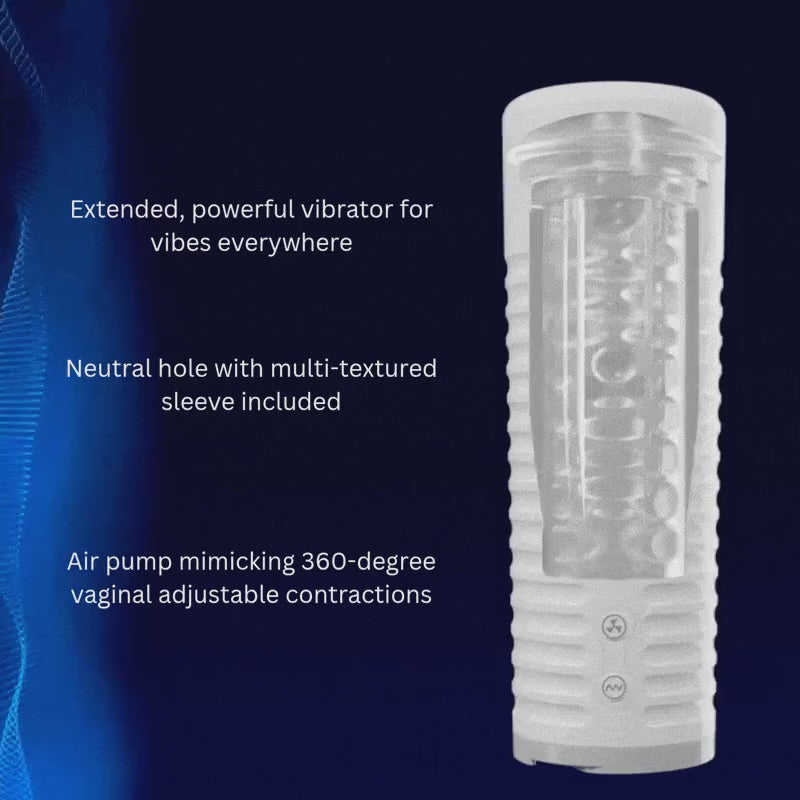Feature infographic showing a x-ray cutaway view of the white Lovense Max 2 masturbator next to bulleted text describing its powerful vibrator, multi-textured internal sleeve, and 360-degree contraction air pump system.