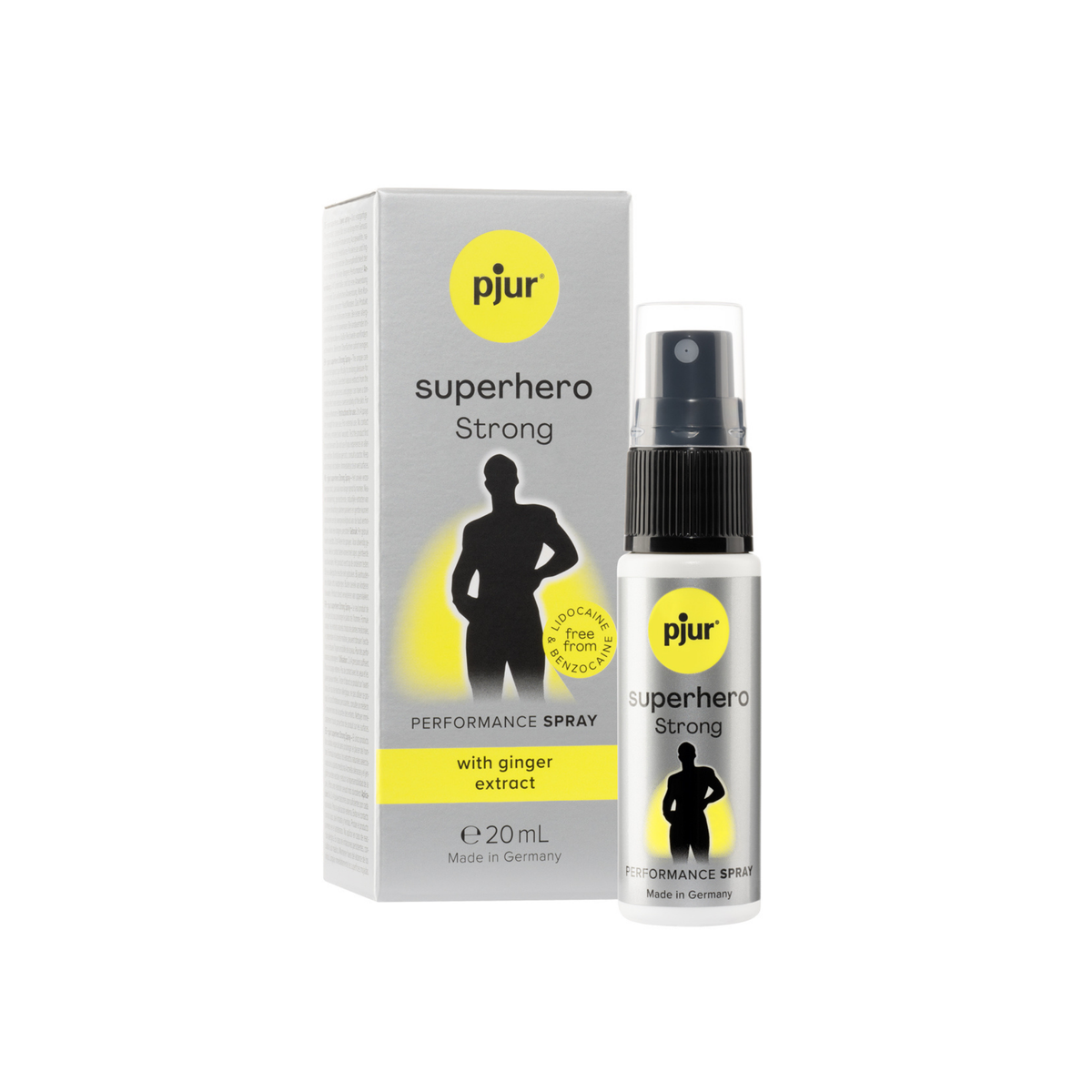 A gray box and a small white spray bottle of Pjur Superhero Strong performance spray are positioned against a white background.  Imagen principal del producto