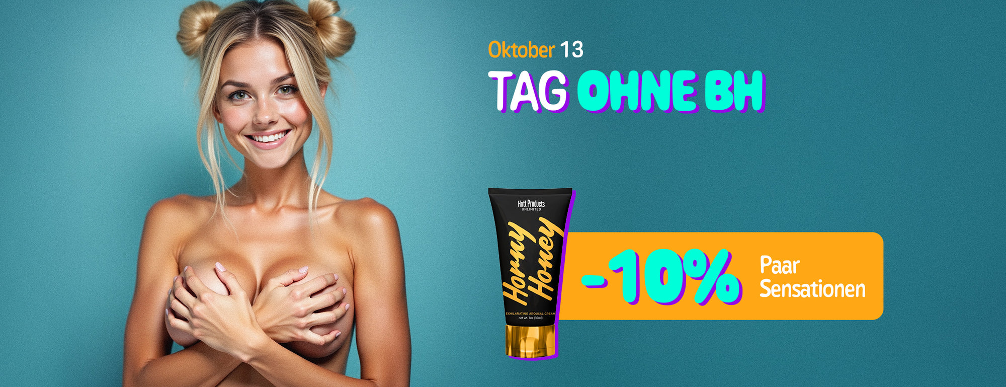 Promotional banner for 'No Bra Day' with a woman, a tube of lotion, and a discount offer on a teal background.