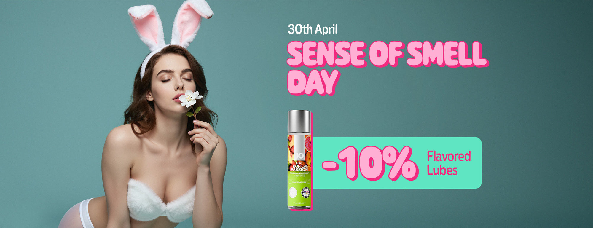 Woman wearing bunny ears holding a flower with promotional text and a product image on a gray background
