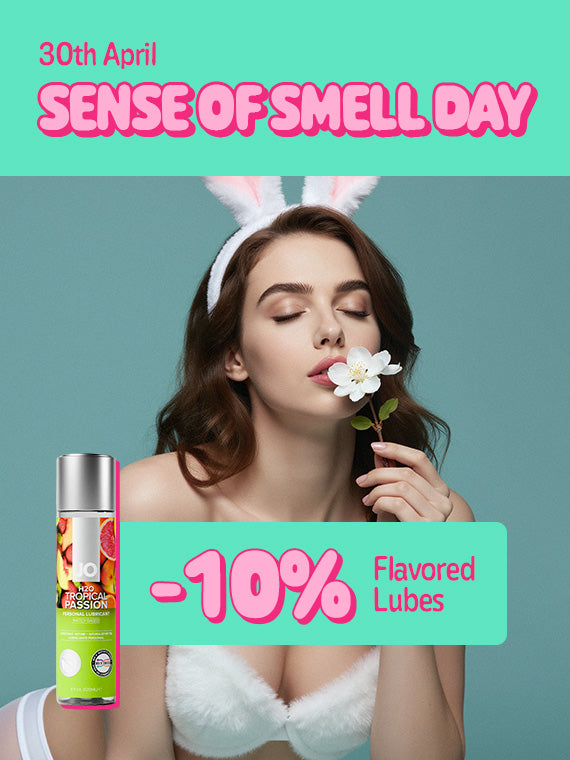 Woman wearing bunny ears holding a flower with promotional text and a product image on a gray background